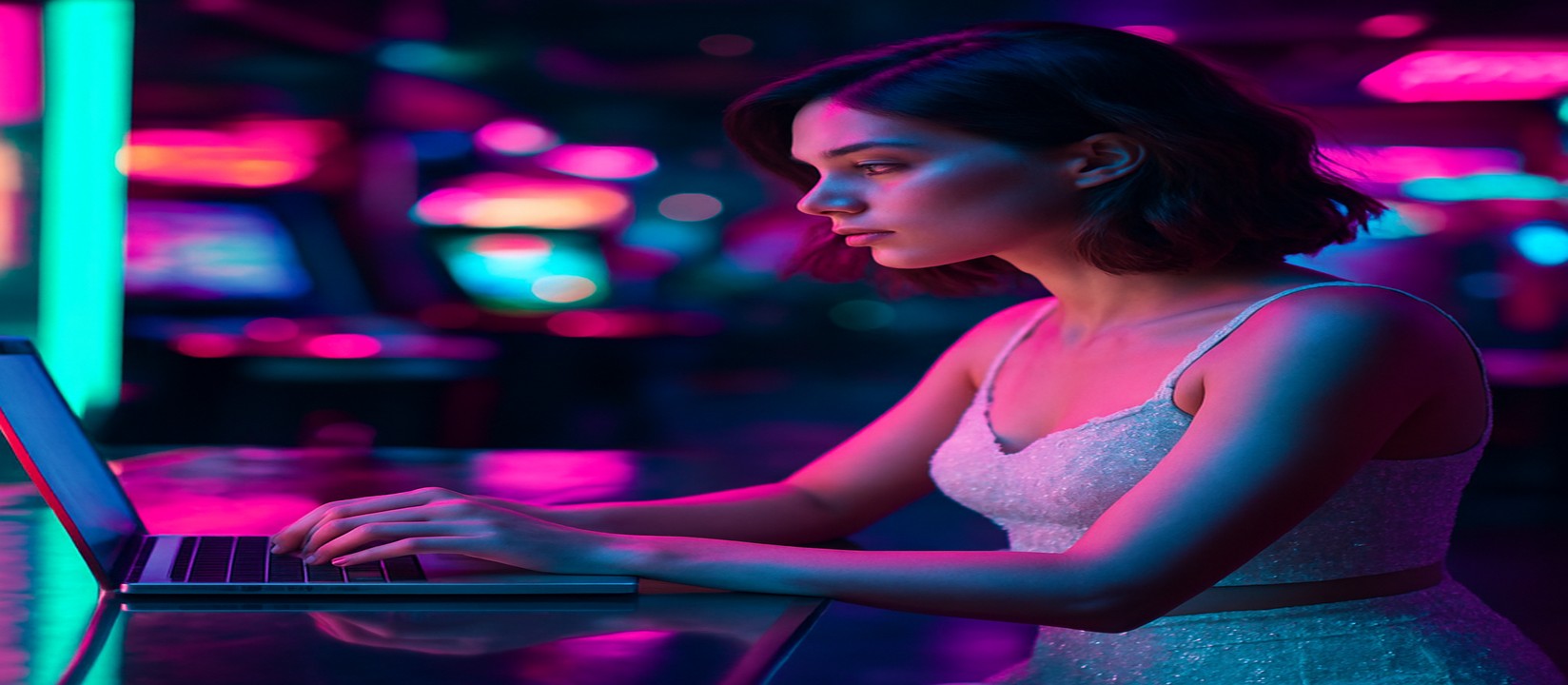 নিয়ন আলোয় ঝলমলে পরিবেশে 999k-এর ল্যাপটপে এভিয়েটর-গেম খেলছেন এক নারী