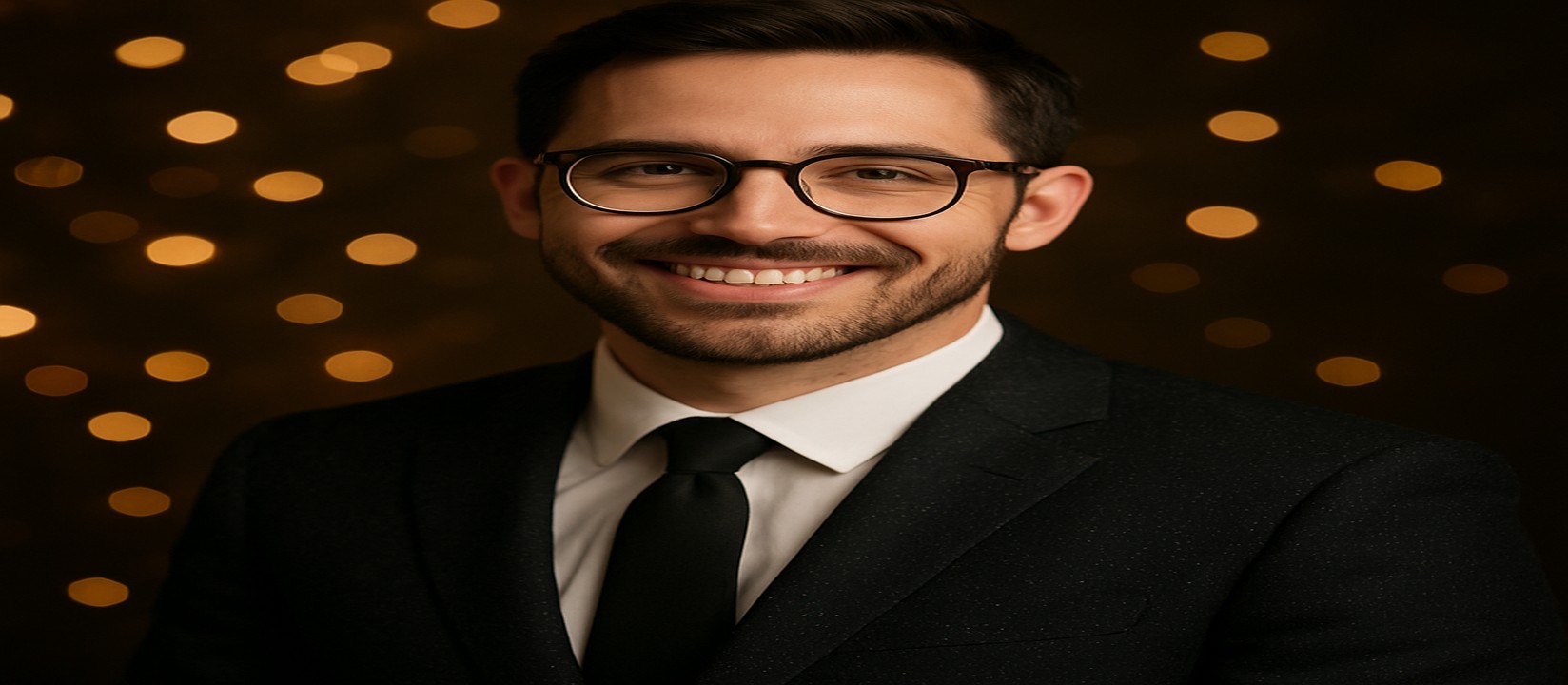 কালো স্যুট পরা একজন আত্মবিশ্বাসী ব্যক্তি, চারপাশে ঝলমলে সোনালি আলো