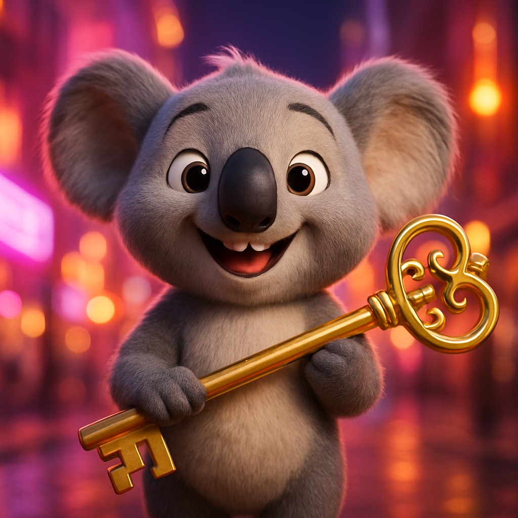 উজ্জ্বল গেমিং ব্যাকগ্রাউন্ডে 999k এর সোনালি চাবি হাতে আনন্দিত চরিত্র