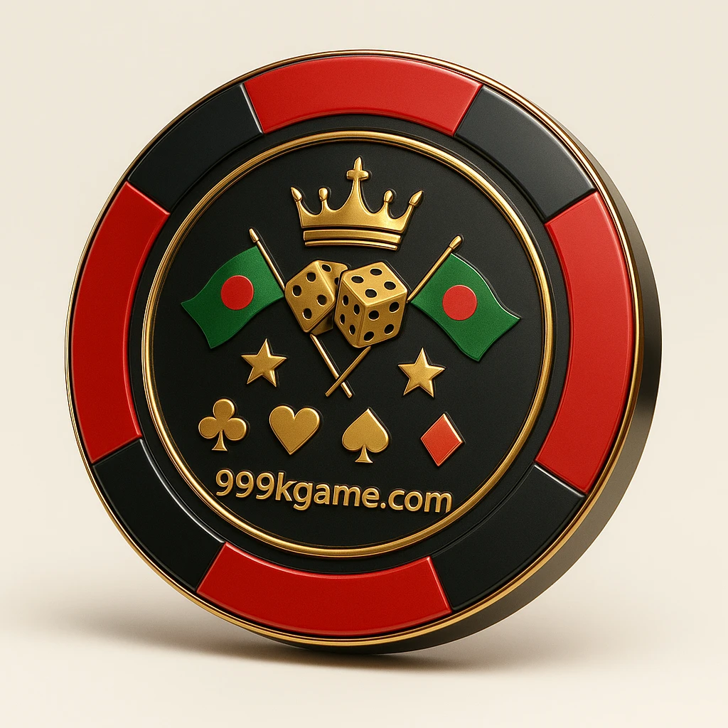 999k লোগোসহ সোনালি গেমিং প্ল্যাটফর্ম চিপ, মুকুট, খেলার প্রতীক, তারা, বাংলাদেশের পতাকা ও কার্ডের চিহ্ন