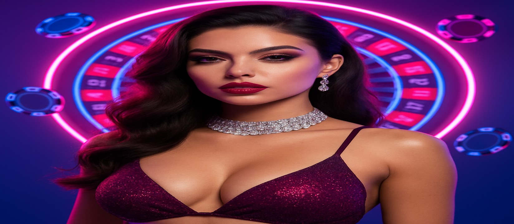 ঝলমলে বেগুনি পোশাকে এক নারী, পেছনের আলোয় জ্বলন্ত স্পিনিং চাকা ও 999k ব্র্যান্ড-গেমিং প্ল্যাটফর্ম চিপ