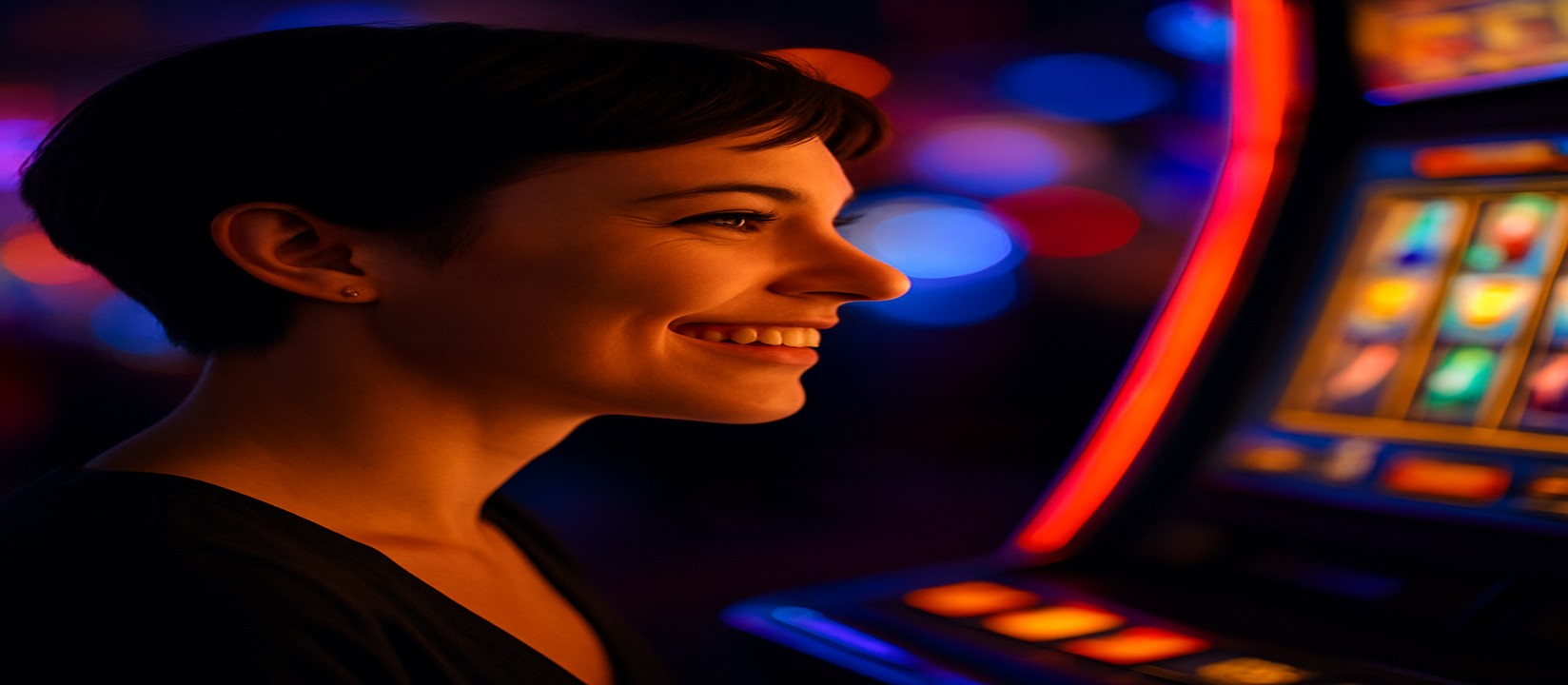 999k রঙিন আলোয় হাসিখুশি নারী একটি আর্কেড গেম খেলছেন